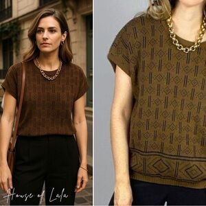 Brown Geometric Knit Top. Vintage Short Sleeve Sweater. Minimalist Classic